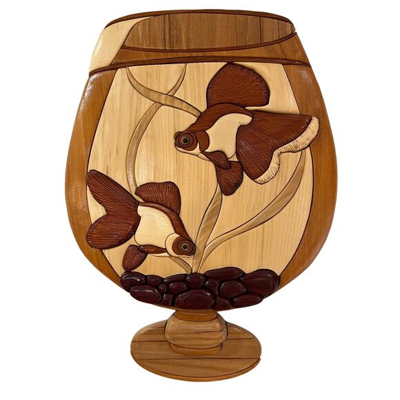 Handmade Intarsia Goldfish Bowl Wall Hanging Art Decor Wood Sculpture - Picture 1 of 4